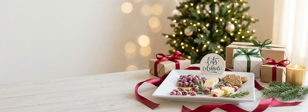 Jane1530 Party Platter with Let's Celebrate disc, wrapped gifts and red ribbon by a Christmas tree