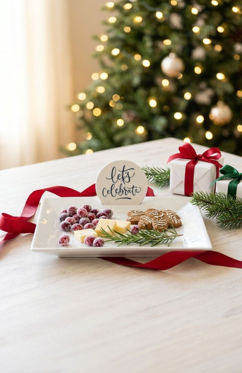 Jane1530 Party Platter with Let's Celebrate disc and holiday treats by a Christmas tree
