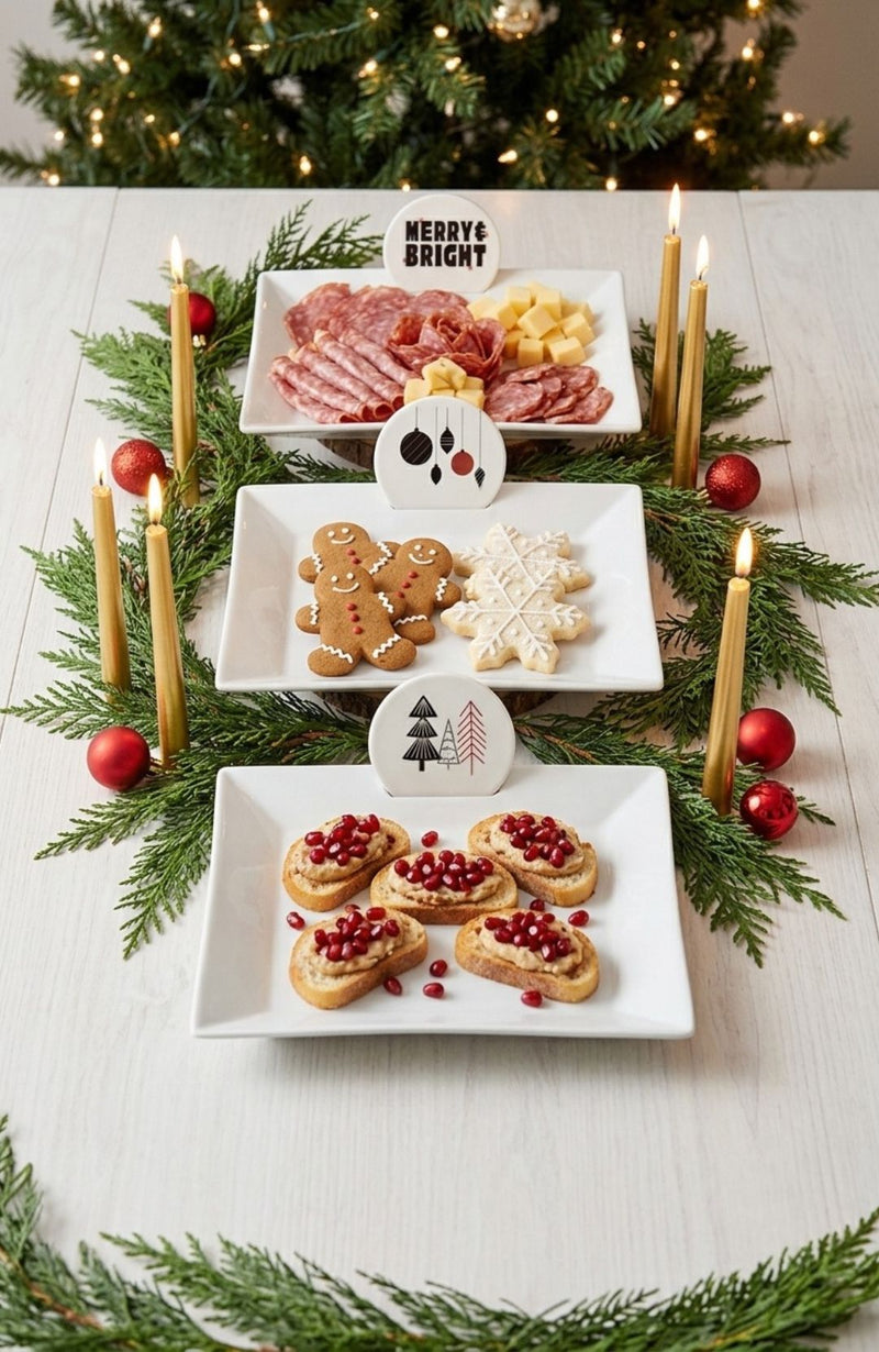 Three Jane1530 Party Platters with Christmas discs and appetizers on a holiday table