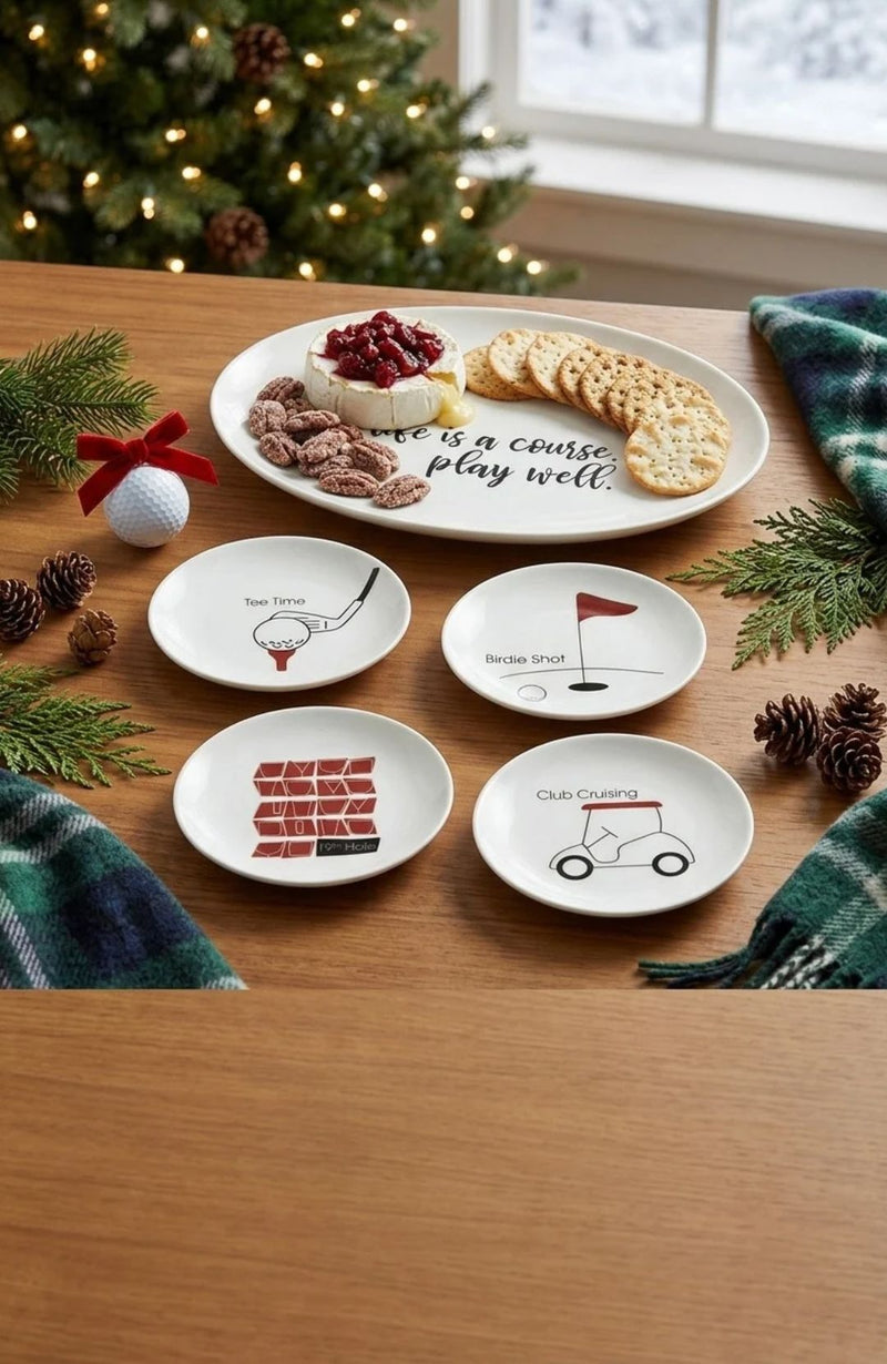 Life Is a Course golf platter and four golf appetizer plates on a holiday table